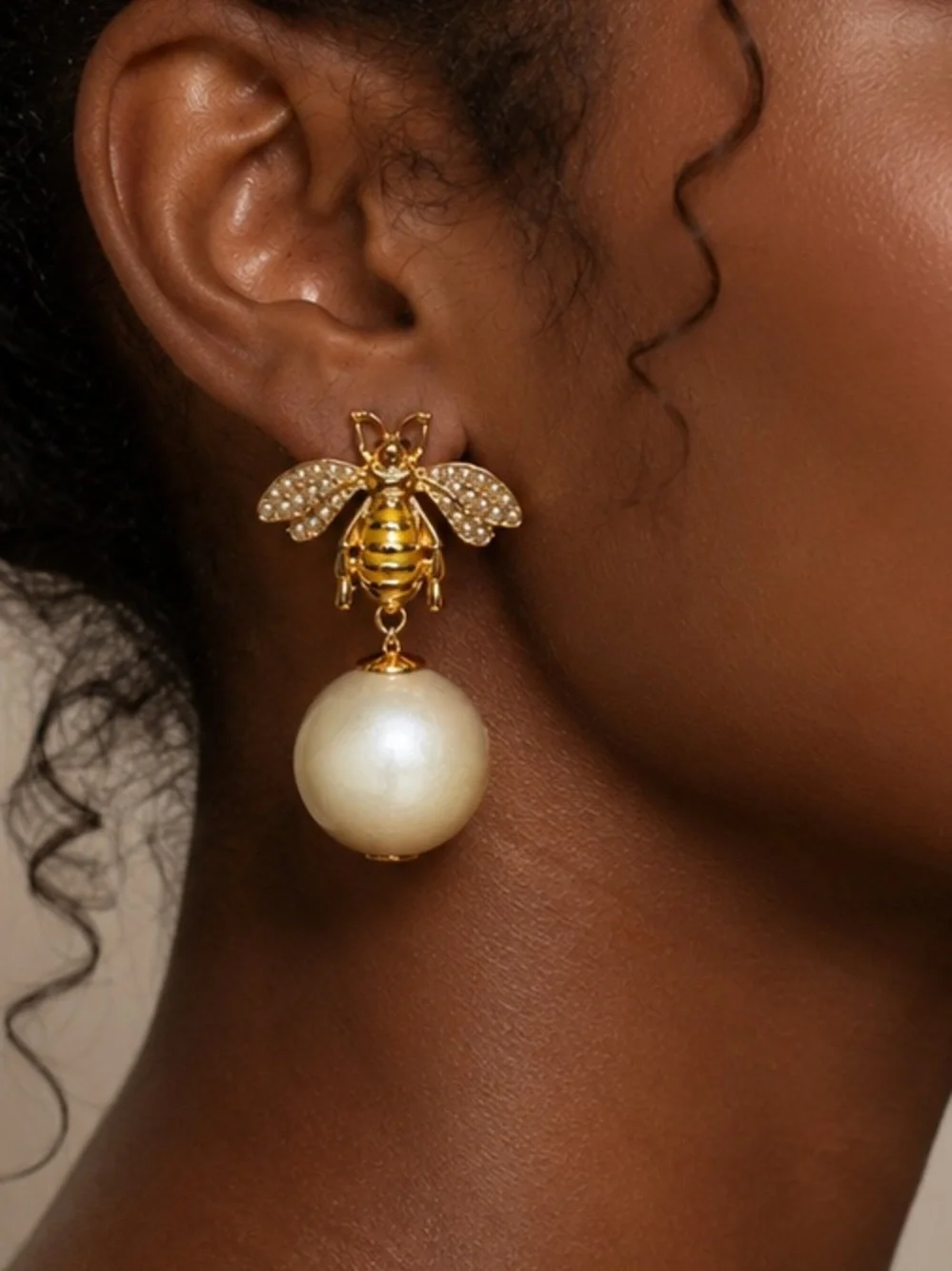 Gold Bee Drop Pearl Earrings - Women Jewelry